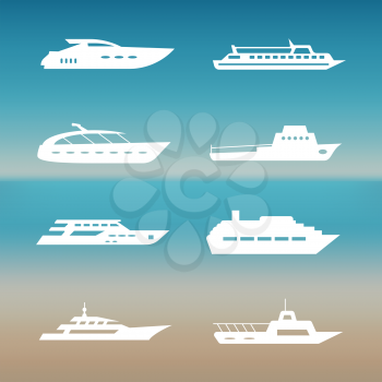 White ship and boats icons collection. Transport travel, vector illustration
