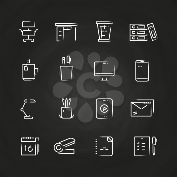 Hand drawn office icons on chalkboard. Office business doodle, vector illustration