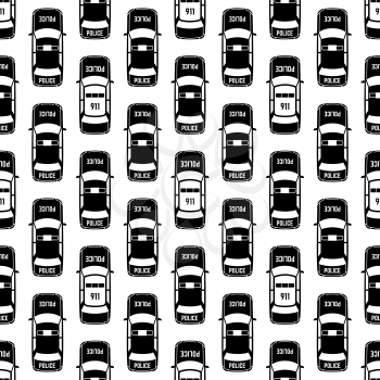 Black and white police cars seamless pattern. Traffic transport, vector illustration