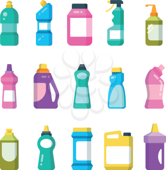 Cleaning household products. Chemical cleaners bottles. Sanitary containers vector set. Chemical sanitary container plastic for disinfectant bathroom illustration