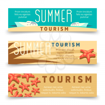Summer tourism banner template with yacht and starfish. Tourism and travel, yacht and starfish on horizontal banner. Vector illustration