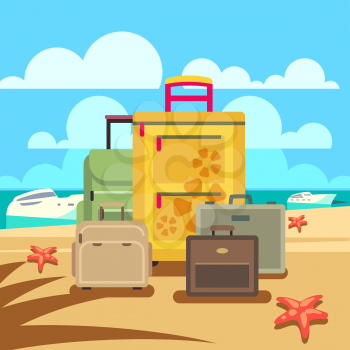 Travel concept background with passenger luggage and beach. Vector illustration