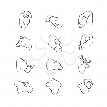 Wild animals heads icons on white background. Wild animal linear. Vector illustration