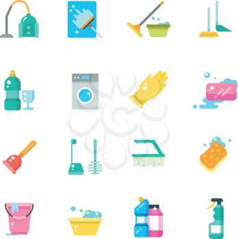 Cleaning home services and household tools isolated vector flat icons. Chemical detergent for housekeeping and disinfectant illustration