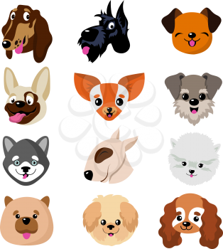 Funny cartoon dog faces. Cute puppy animal vector set. Collection of dog and puppy funny pets illustration