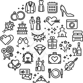 Wedding party fun outline vector icons. Marriage celebration, wedding badge round with collection of line icons illustration