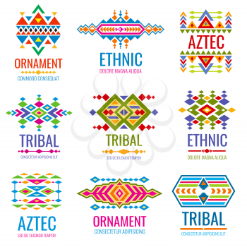 Vintage american indian vector logo set. Business brand identity in tribal mexican style. Vintage color pattern logo business illustration