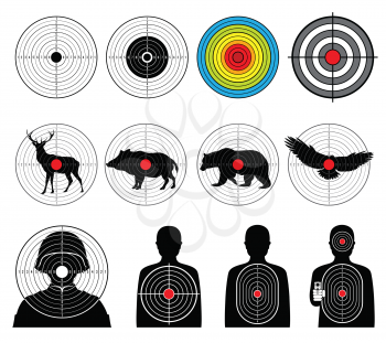 Targets for shooting with silhouette man and animals vector set. Target silhouette animal and man illustration