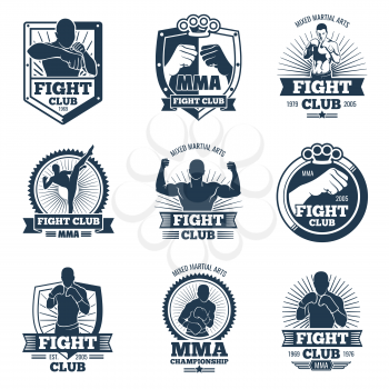 Retro mma vector emblems and labels. Fight club vintage logos. Emblem logo sport boxing and mma club illustration