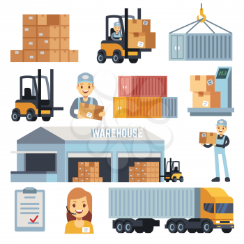 Merchandise warehouse and logistic flat vector icons with workers and equipment. Delivery and storage, warehouse and cargo box illustration