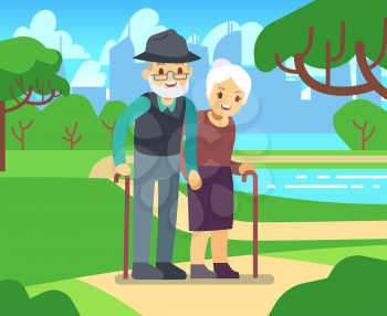 Happy cartoon older female in love outdoors. Old couple in park vector illustration. Couple senior together in green park
