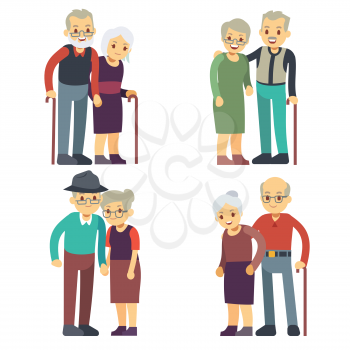 Smiling and happy old couples. Elderly families cartoon characters vector set. Grandfather and grandmother couple, woman and man elderly illustration