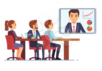 Video meeting in office boardroom with ceo and employees. Business teamwork and digital online communication vector concept. Business video conference office illustration