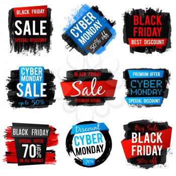 Black friday and cyber monday sale banner with big discount and best offers. Price tags with grunge brush texture and frames. Vector discount banner price collection illustration