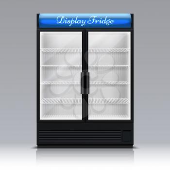 Empty freezer for beverages with glass door. Supermarket food fridge 3d vector illustration. Freezer and refrigerator for beverage drink supermarket