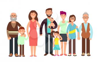 Cartoon smiling happy family. Grandpa and grandma, dady, mom and children vector illustration. Family father and mother, child girl boy