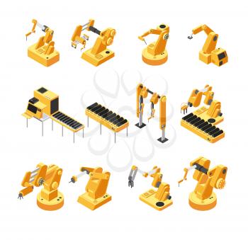Industry robot machinery, mechanical arm isometric vector set. Machinery robot and robotic isometric equipment for factory manufacturing illustration