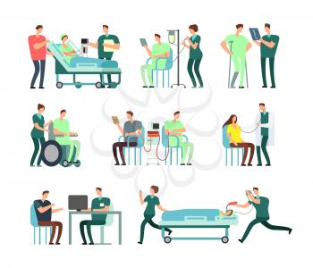 Doctors, medical nurse and patients in hospital activity vector people for healthcare concepts. Illustration of patient in hospital, nurse healthcare people