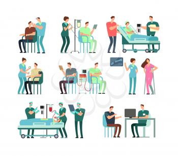 Man and woman patients with doctors, medical staff and equipment. People characters in hospital vector illustration. Doctor and patient medicine, healthcare for diagnostics and transfusion