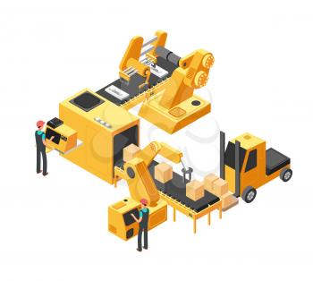 Industrial manufacturing conveyor line with packaging equipment and factory workers. 3d isometric vector illustration. Equipment conveyor production, factory manufacturing, machine process industry