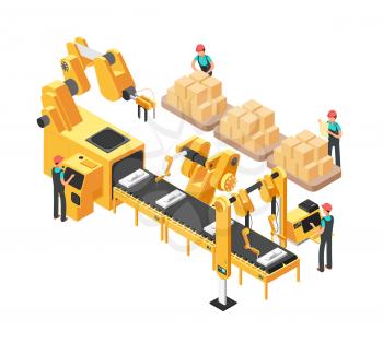 Isometric electronic factory with conveyor assembly line, operators and robots. 3d vector illustration. Production isometric line with operator, assembly mechanical and electronic illustration