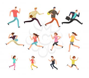 Various running people. Hurrying active male, female and kids vector set. Man and woman run, sport jogging exercise, athlete people training illustration