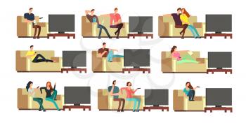 Happy family at home watching tv. Young couple resting on comfortable couch vector set. Couple man and woman on sofa illustration