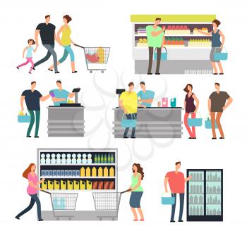 Shopping shop people in supermarket. Family buyers and store employees in mall vector icons set. Supermarket and customer, shopper in grocery retail illlustration