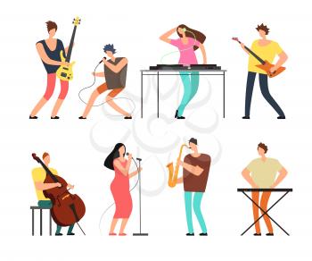 Music band musicians with musical instruments playing music on stage vector set isolated. Concert group on stage, musical singer and performance illustration