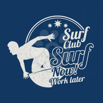 Grunge vintage summer surfing sports emblem or logo vector bakground with surfer illustration