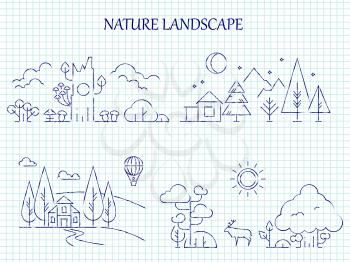 Hand drawn nature landscape line set on page notebook. Vector illustration