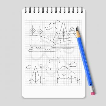 Pencil drawing nature landscape outline vector. Illustration of landscape tree and field scene sketchy
