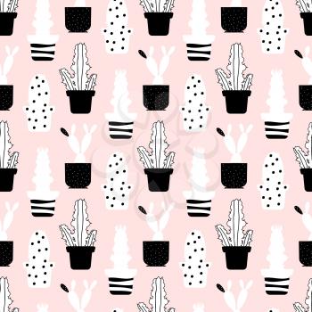 Abstract plants seamless pattern - scandinavic style cactuses texture. Vector illustration