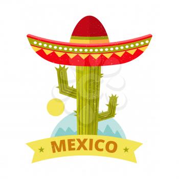 Bright grunge mexican logo or print vector - colorful sombrero and cactus vintage print. Illustration of cactus in sombrero