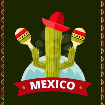 Funny mexican cactus poster design. Sombrero and green plant. Vector illustration
