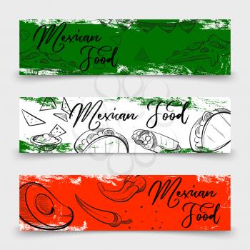 Mexican food banners design with sketch dishes. Mexican banner with sketch food for restaurant. Vector illustration