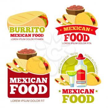 Mexican food restaurant vector badges, labels, logos and emblems. Mexican restaurant logo and label, emblem with food illustration