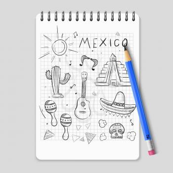 Sketch pencil mexican symbols of set on realistic notebook. Vector illustration