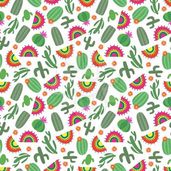 Bright mexican style seamless pattern background with cactus flowers and tradtional carpets. Vector illustration