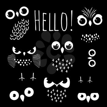 Hello sign card with cartoon owl eyes of set. Vector illustration