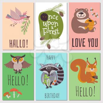 Once upon forest cards collection. Cute animals kids cards. Vector forest animal bear and owl on card illustration