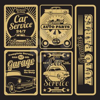 Retro car service and garage labels design vintage of set. Vector illustration