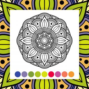 Adult coloring mandala with color sample. Asian, oriental decorative element. Vector illustration
