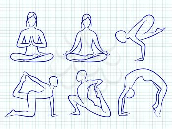 Fitness yoga pilates hand drawn silhouettes of set. Vector illustration
