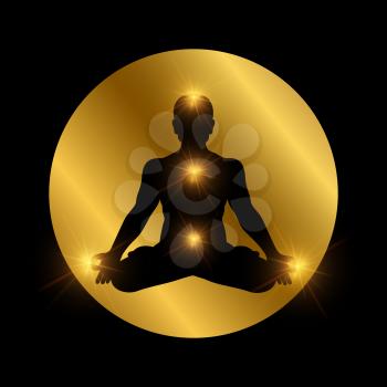 Spiritual indian chakra symbol. Meditation man silhouette with shiny elements. Vector body silhouette in lotus pose illustration