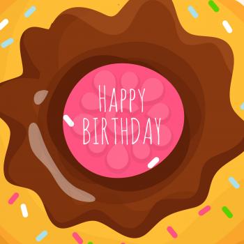 Happy Birthday banner poster background with sweet cartoon donut. Vector illustration