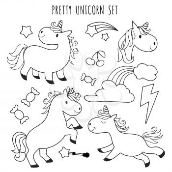 Kids coloring page. Unicorn set for coloring book isolated on white. Vector illustration