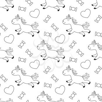 Unicorn coloring page pattern background with sweets for kids. Vector illustration