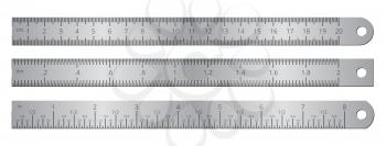 Metallic school rulers with inch and centimeter measuring scale vector illustration isolated on white background. Ruler centimeter, millimeter, instrument with inch length for measurement