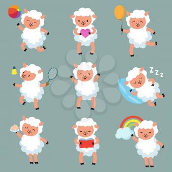 Cute baby sheep. Funny cartoon woolly lamb vector characters. Illustration of cartoon character white sheep